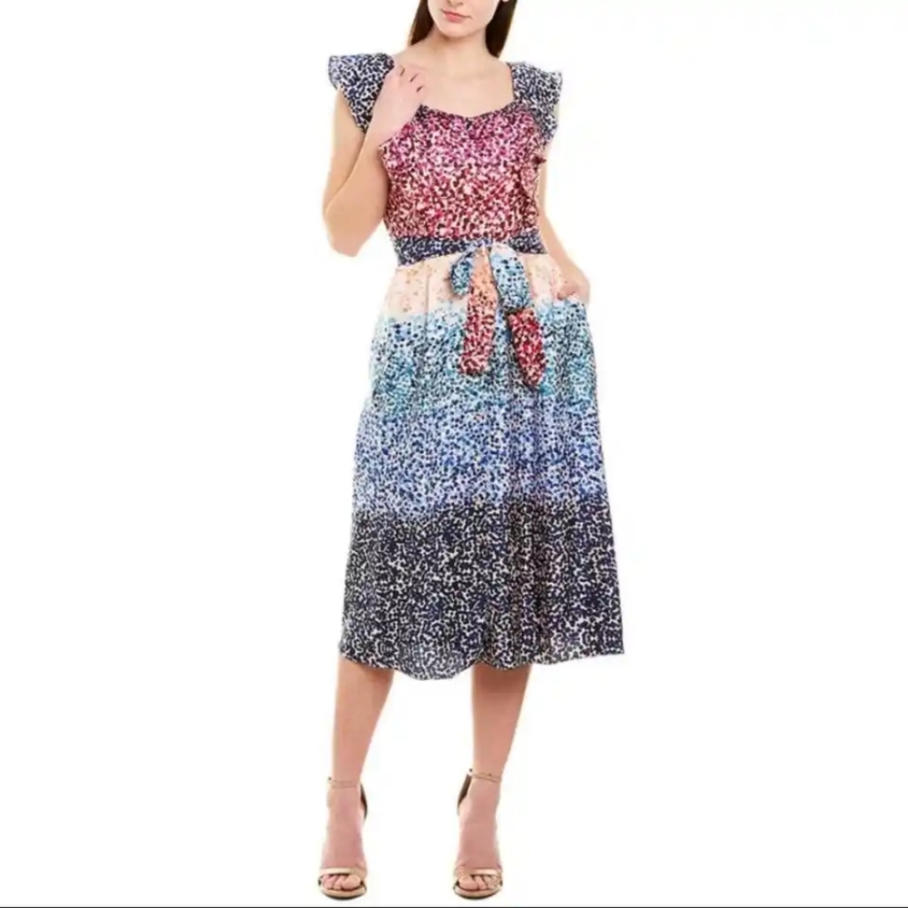 JULIA JORDAN A-Line Tie Waist Belt Multicolor Dot Midi Dress
